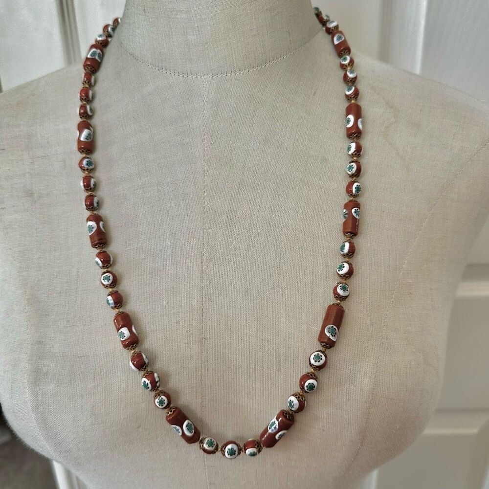 Vintage Venetian Glass Beaded Necklace - Caramel Brown Millefiori Beads
